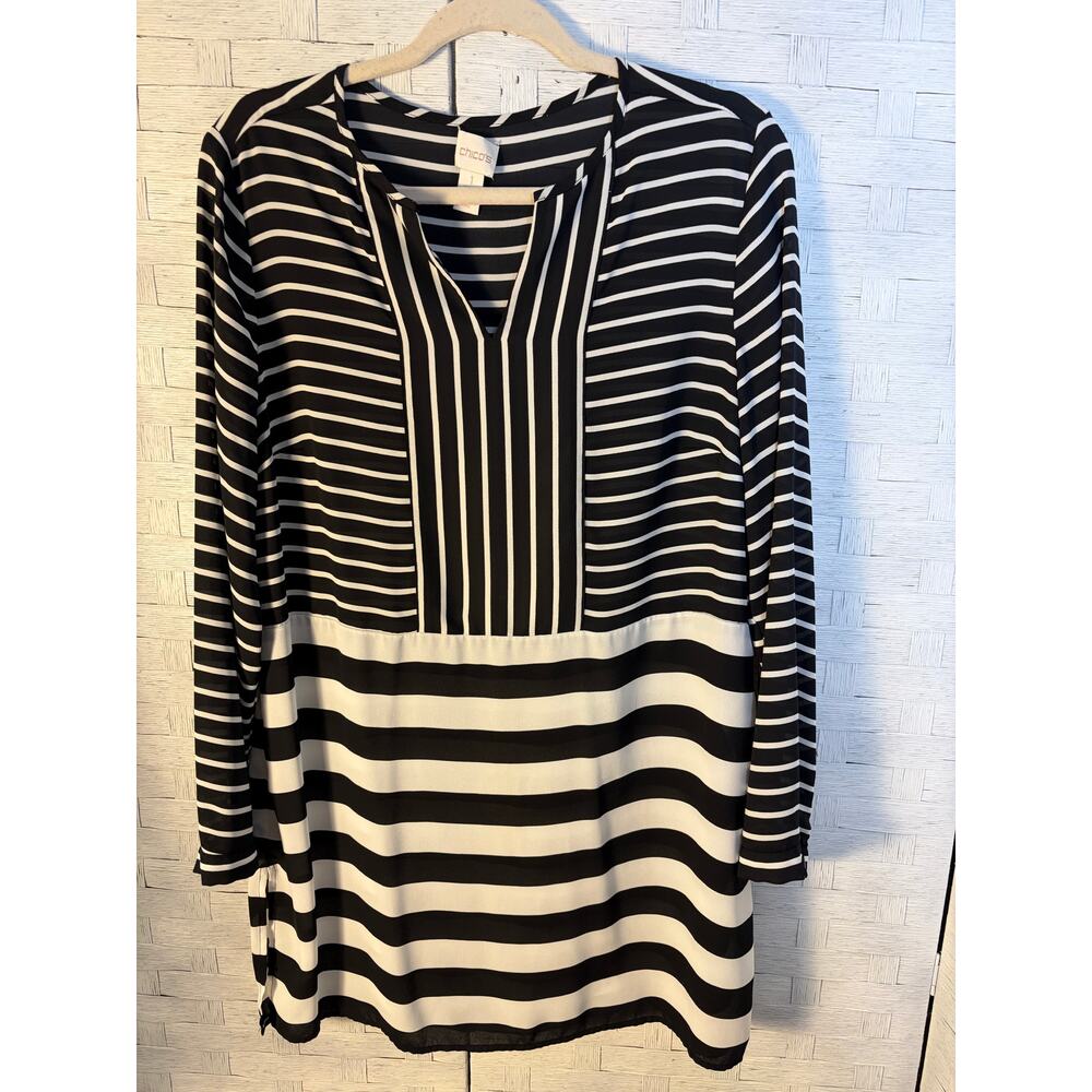 Chico's Comen's Blouse Asymmetrical Stripes Flattering Cut Lagenlook Whimsigoth
